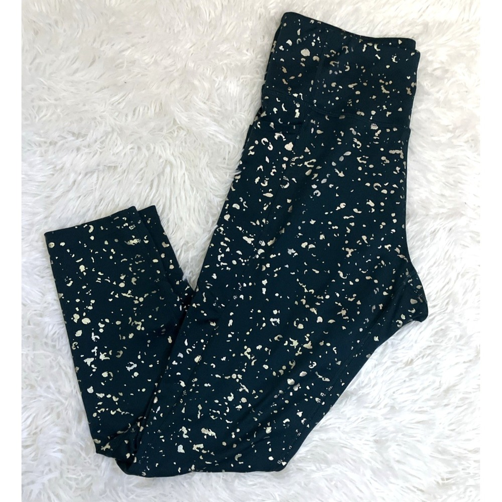 Tek Gear Womens Petite Large Leggings Green Gold Foil Splatter Pockets Athletic
